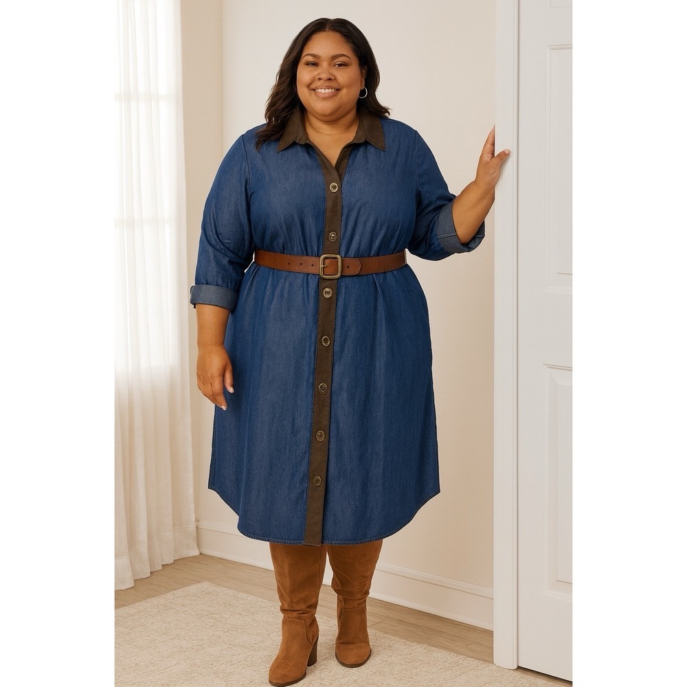 Soft Surroundings Urbina Tencel Chambray Denim Shirt Dress Faux Suede Trim Sz 2X